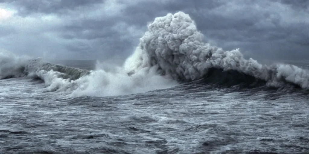 Image similar to tsunami over San Diego, Dramatic, realistic, perspective,