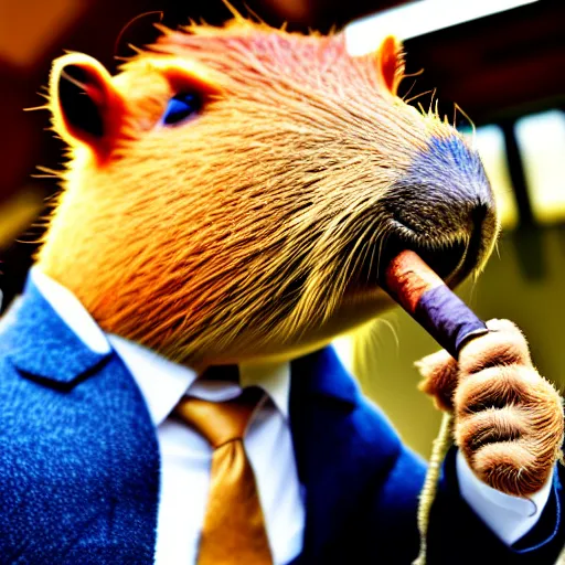 Image similar to an accurate capybara wearing a business suit and smoking a cigar in his mouth