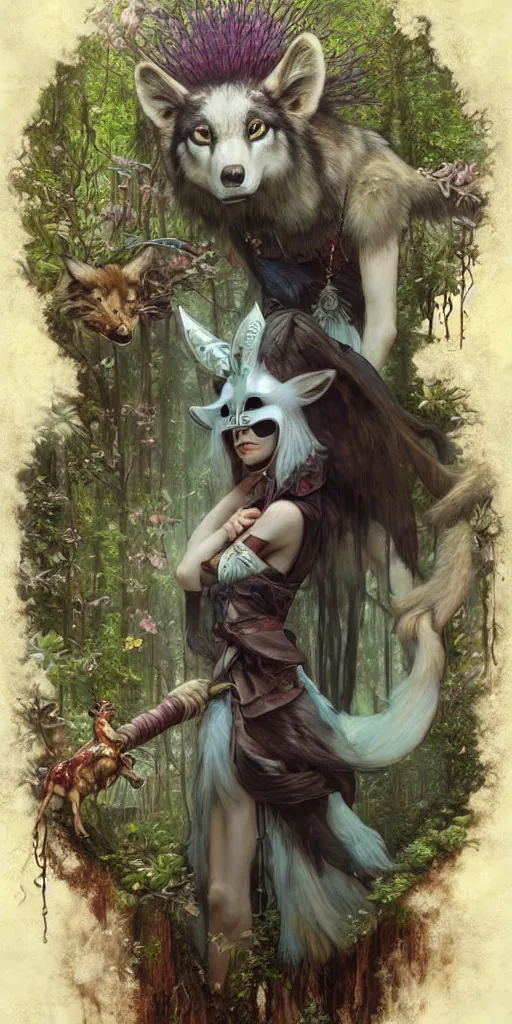 Prompt: hyper realistic Princess Mononoke in her mask, lush rainy forest landscape, wolves, magic, castle, jewels, style of tom bagshaw, mucha, james gurney, norman rockwell, gems and gold, waterfalls, denoised, sharp,