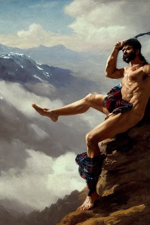 Prompt: a homoerotic portrait by greg rutkowski and albert bierstadt and bill ward of a shirtless desi hiker on a mountain peak | he is wearing a cowboy hat and a revealing tartan kilt | background is snowy mountains and clouds | detailed face, ethereal, dreamlike | trending on artstation