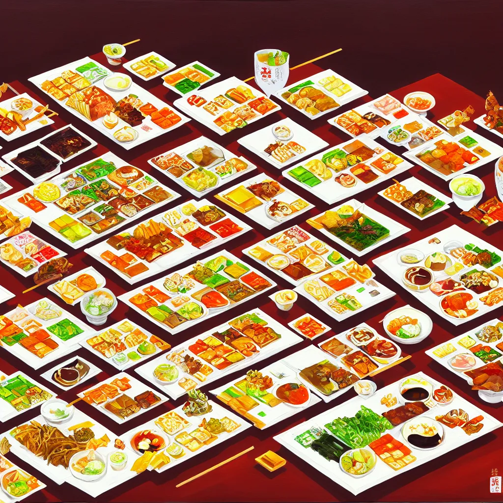 Image similar to a painting of a table full of japanese foods, concept art by taro yamamoto, pixiv contest winner, auto - destructive art, official art, concept art, pixiv