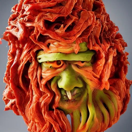 Prompt: an ominous terrifying being made of kimchi and hatred