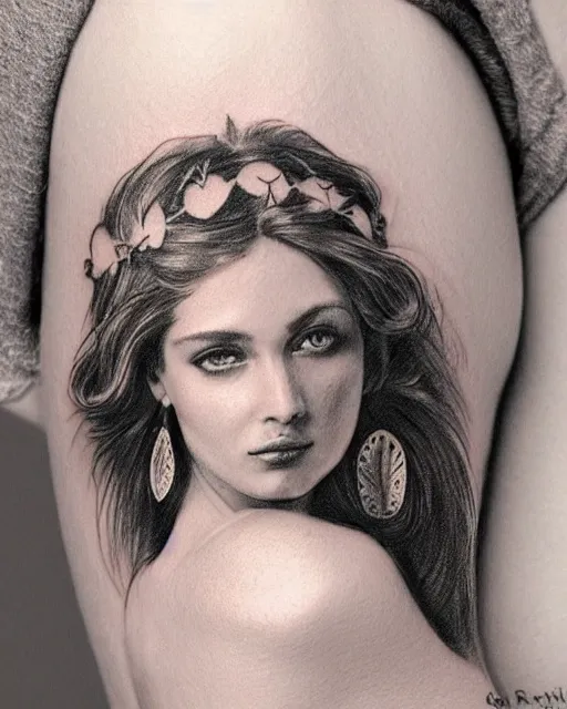 Image similar to realism tattoo sketch of a beautiful greek goddess aphrodite wearing a laurel wreath and arrowhead earrings, in the style of greg rutkowski, amazing detail