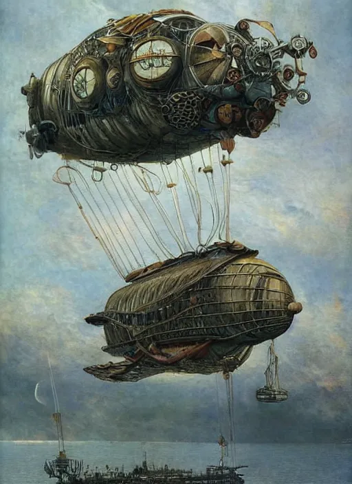 Image similar to giant floating steampunk airship, by Mikhail Vrubel, trending on artstation