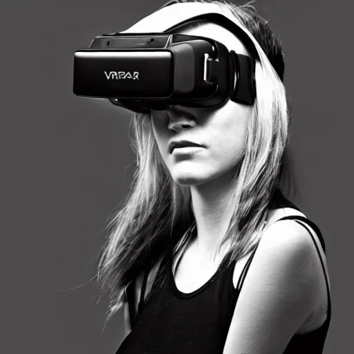 Image similar to portrait of a cyberpunk girl wearing vr headset, black & white photo by annie leibovitz