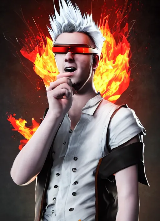 Image similar to An epic fantasy comic book style portrait painting of young man with long red spiked hair. Wearing a black waistcoat, white shirt, using googles. Blasting fire on his hands. Unreal 5, DAZ, hyperrealistic, octane render, cosplay, RPG portrait, dynamic lighting