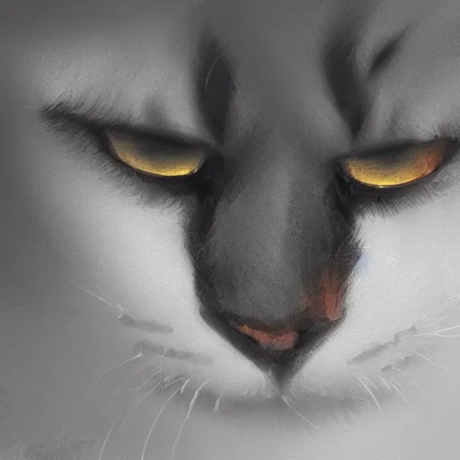 Prompt: close up of a cat's face, dramatic lighting, illustration by Greg rutkowski, yoji shinkawa, 4k, digital art, concept art, trending on artstation