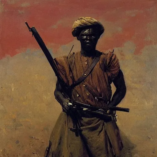 Image similar to igbo soldier armed with a rifle soldier, 1885, bright colors oil on canvas, by Ilya Repin