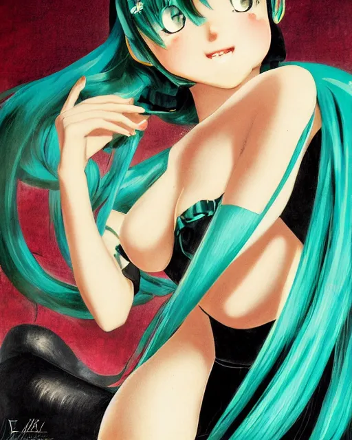 Prompt: hatsune Miku by Gil Elvgren and Enoch Bolle