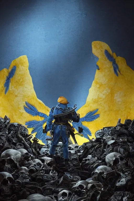 Prompt: A distant view shot from behind of a soldier with wings with a blue and yellow flag behind him is standing on a pile of skulls in triumph, concept art, сinematic lighting, insanely detailed, smooth, sharp focus, Artstation, 8k, unreal engine, hyper-realistic, steampunk style, bright background, moonlight, volumetric lighting, wallpaper, digital illustration by Ruan Jia and Mandy Jurgens and Artgerm and Wayne Barlowe and Greg Rutkowski and Zdislav Beksinski