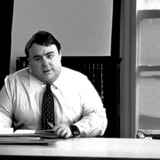 Image similar to clean - shaven chubby white man wearing a shirt and necktie sitting at a desk, 1 9 8 9 movie still, cinematography, cinematic lighting