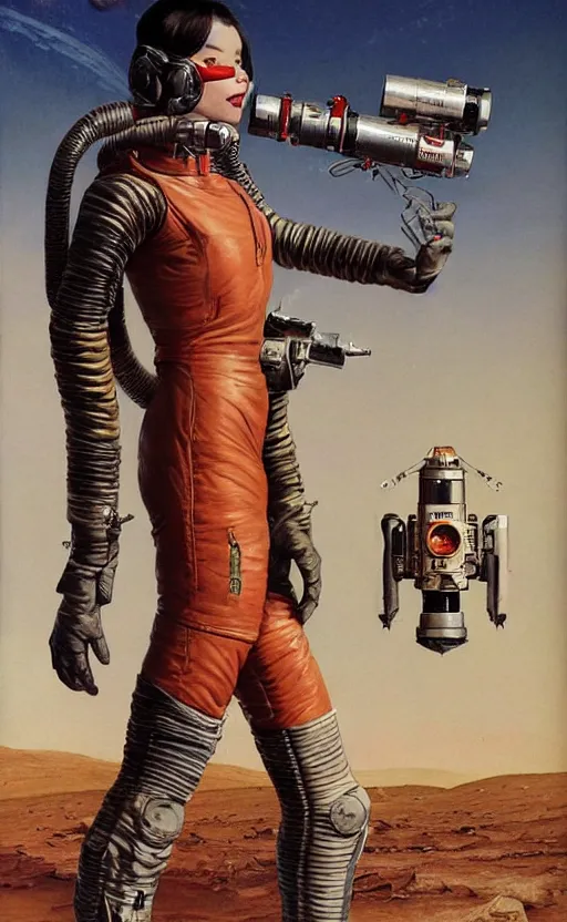 Image similar to bjork holding a retro ray gun and wearing a faded leather spacesuit on Mars by norman rockwell and darek zabrocki