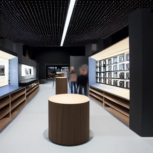 Image similar to A flagship Samsung store. black walls. timber floor. high ceilings with spots. wood furniture with large digital screen. display tables with phones and tablets, pots with plants, digital screens on the walls, Architectural photography. 14mm. High Res 8K. award winning architectural design, inspired by Arne Jacobsen, Niels Otto Møller, Verner Panton, Scandinavian Design, Retaildesignblog.net