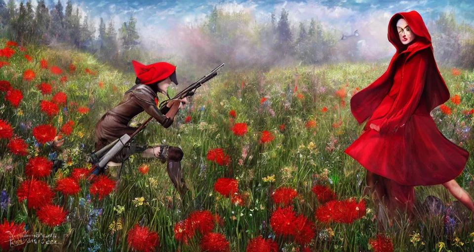 Prompt: Red Riding Hood fighting off the Big Bad Wolf with a rifle in a field of flowers, digital painting, detailed