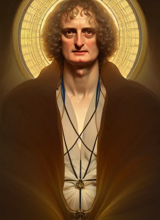 Image similar to symmetry portrait of isaac newton, studio lighting, intricate, elegant, highly detailed, digital painting, artstation, concept art, smooth, sharp focus, illustration, art by artgerm and greg rutkowski and alphonse mucha