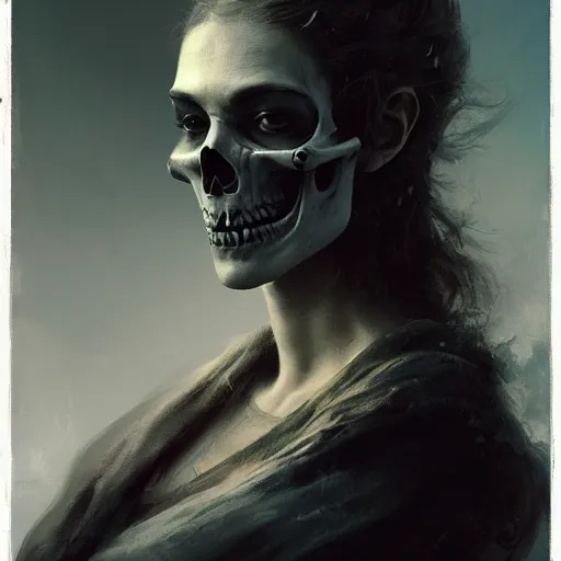 Image similar to an portrait of an woman with a skull face, Matte painting , detailed painting, made by Greg Rutkowski, 4k, atmospheric