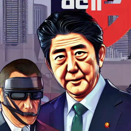 Image similar to Shinzo Abe in GTA V, cover art by stephen Bliss, artstation, no text