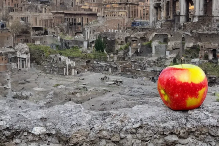 Prompt: An apple sitting on a table over the ruins of a sacked Rome, award winning photograph.