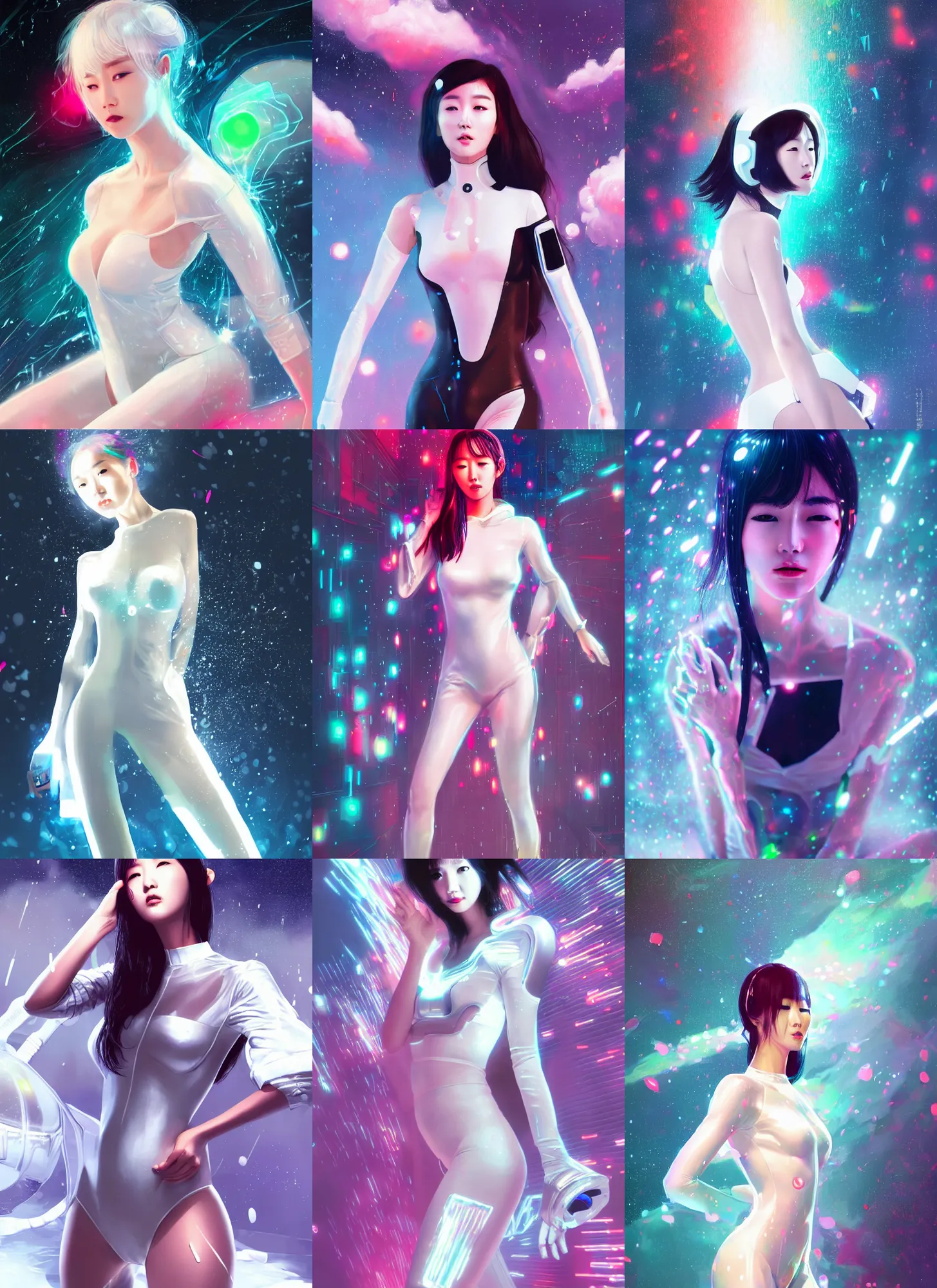 Prompt: hoyeon jung in a white revealing cyberpunk seductive suit, emerging from neon multicolored rain falling from cosmic clouds in interstellar deep space atmosphere, smooth, sharp focus, face anatomy, cute complexion, majestic, seductive, by wlop, android james, ilya kuvshinov, james jean, vincent di fate
