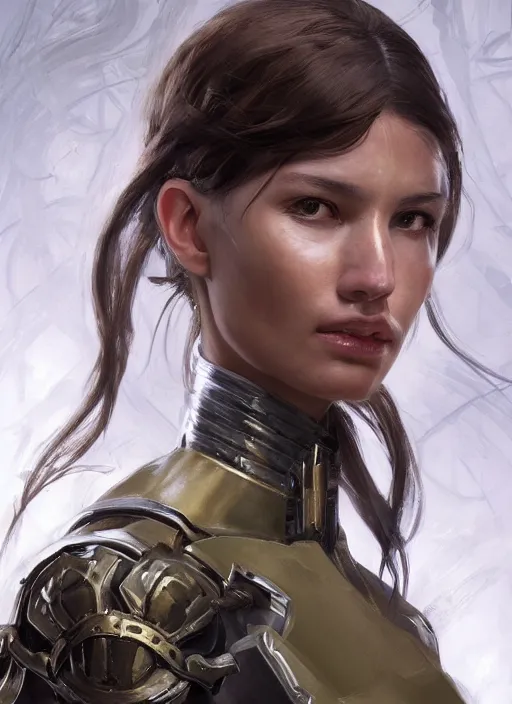 Image similar to a professional painting of a beautiful young female, clothed in military armor, olive skin, long dark hair, beautiful bone structure, symmetrical facial features, intricate, elegant, digital painting, concept art, smooth, sharp focus, illustration, from Metal Gear, by Ruan Jia and Mandy Jurgens and Artgerm and William-Adolphe Bouguerea