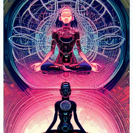 Image similar to a portrait of a beautiful cybernetic woman meditating in lotus pose, wires, cyberpunk concept art by josan gonzales and philippe druillet and dan mumford and enki bilal and jean claude meziere