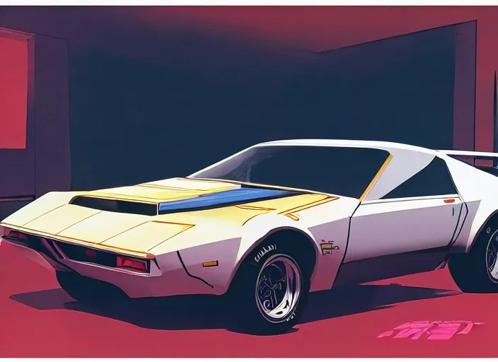 Prompt: syd mead concept art, raplh mcquarrie. kitt 1 9 8 2 pontiac trans am, mach 5 speed racer. style blade runner 2 0 4 9, retro, retro futurist. concept art by syd mead and star wars
