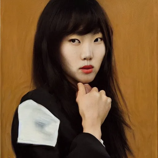 Image similar to portrait of a beautiful korean girl wearing a men's tuxedo, with long hair and bangs, angular features, angry expression, oil on canvas, elegant pose, masterpiece, Jonathan Yeo painting