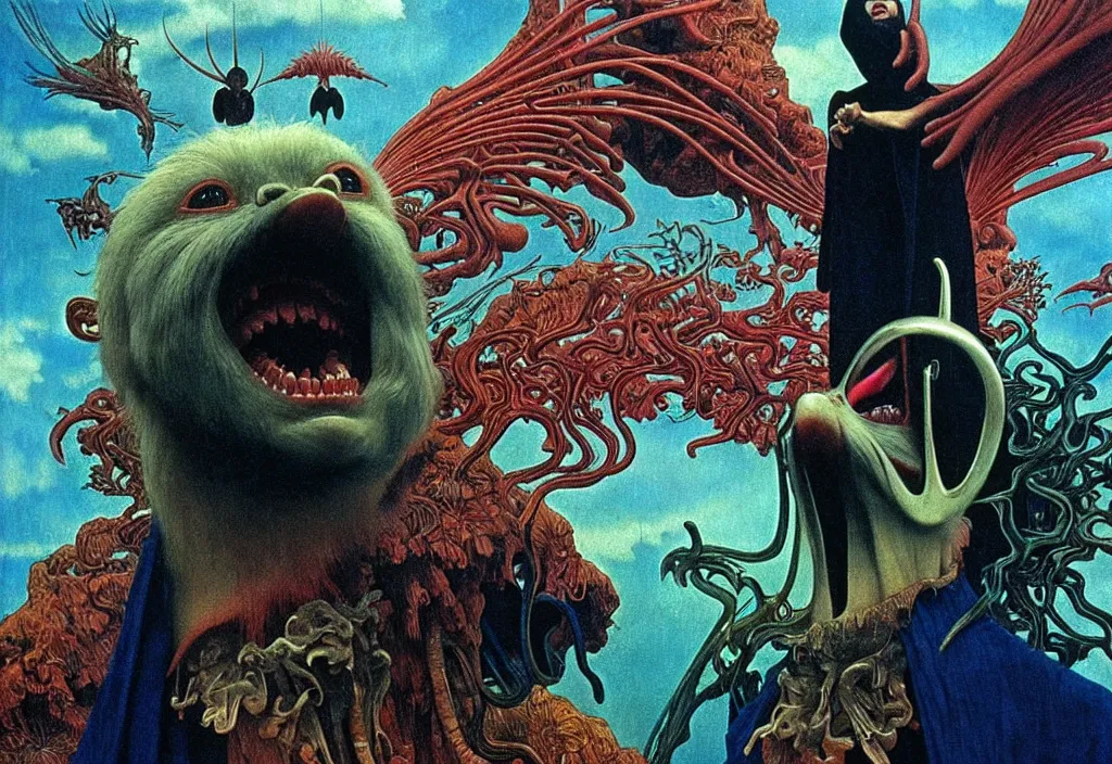 Prompt: realistic detailed portrait movie shot of a screaming birdman wearing black robes, sci fi city landscape background by denis villeneuve, amano, yves tanguy, alphonse mucha, ernst haeckel, max ernst, roger dean, masterpiece, rich moody colours, dog teeth, blue eyes