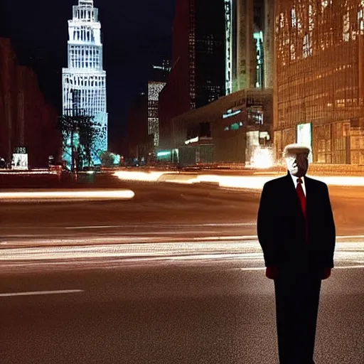 Image similar to “Very photorealistic photo of Donald Trump standing in the middle of Fifth Avenue and shooting somebody, atmospheric lighting, award-winning”