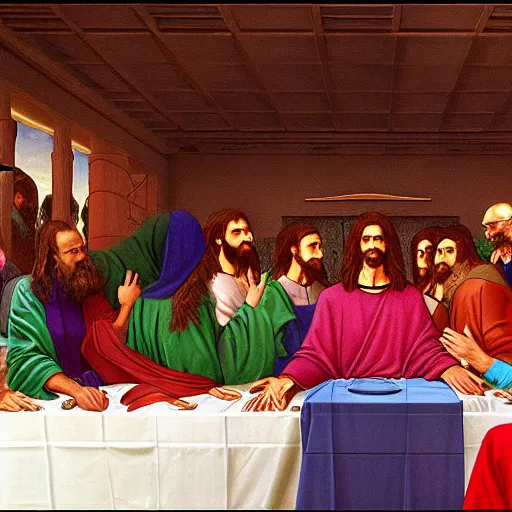 Image similar to photorealistic evangelion at jesus's last supper, Hyperdetailed, 108 Megapixels