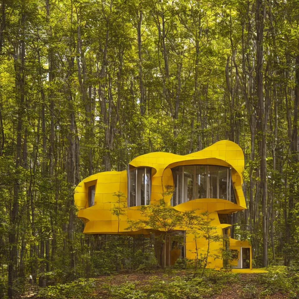 Image similar to a tiny tiny house in a light forest, designed by Frank Gehry. Tiles. Film grain, cinematic, yellow hue