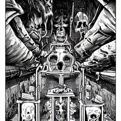 Prompt: precisely drawn illustration of an ossuary, wide angle, sharp, fine details, french comic style, vibrant realistic colors, full color, heroic fantasy, intense line art, 8 k, precise linework, realistic, in the style of heavy metal comics and richard corben and moebius