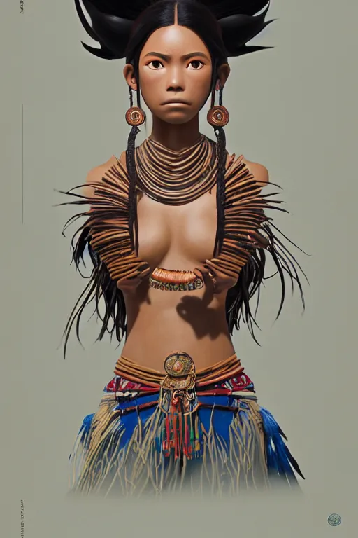 Image similar to woman of q'eros, peru amazon tribe, finely detailed perfect face, exquisite details, fire magic, mid view, design on a white background, by studio muti, greg rutkowski makoto shinkai takashi takeuchi studio ghibli