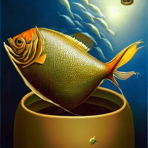 Image similar to a fish on the top of a pile of fish, inside a cooking pot, side view, by vladimir kush, dystopian aer, rococo