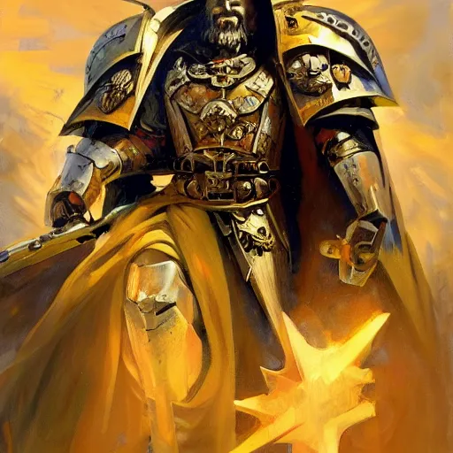 Image similar to greg manchess portrait of the blessed and epic emperor of mankind in a shine of eternal glory warhammer 4 0 k, fantasy, medium shot, asymmetrical, profile picture, organic painting, sunny day, matte painting, bold shapes, hard edges, street art, trending on artstation, by huang guangjian and gil elvgren and sachin teng