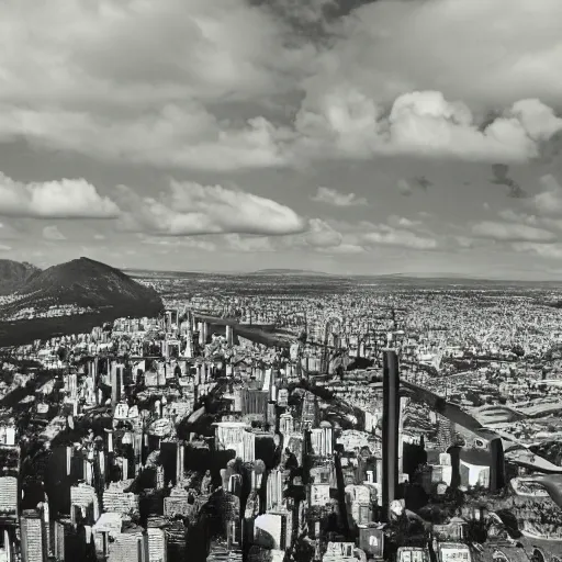 Image similar to a black and white photo of a utopian city