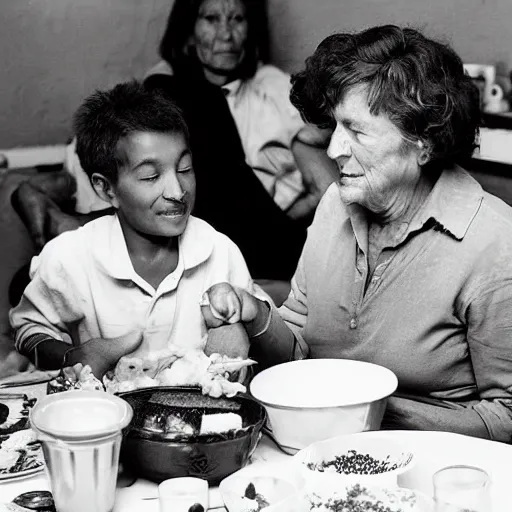 Image similar to black and white photograph of family at table by Eugene Richards