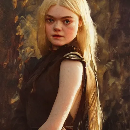 Prompt: ultra realistic portrait painting of elle fanning as a western outlaw, art by frank frazetta and bosch, 8 k, ultra realistic, highly detailed, epic lighting, dark vibes, vintage levi ’ s ad,