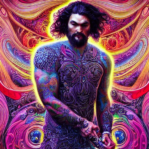 Image similar to portrait of jason momoa, hyper detailed masterpiece, neon floral pattern, jean giraud, digital art painting, darkwave goth aesthetic, psychedelic, artgerm, donato giancola and tom bagshaw