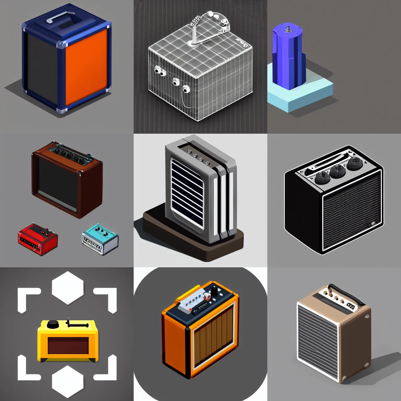 Prompt: isometric 3 d icon of a guitar amplifier, low poly