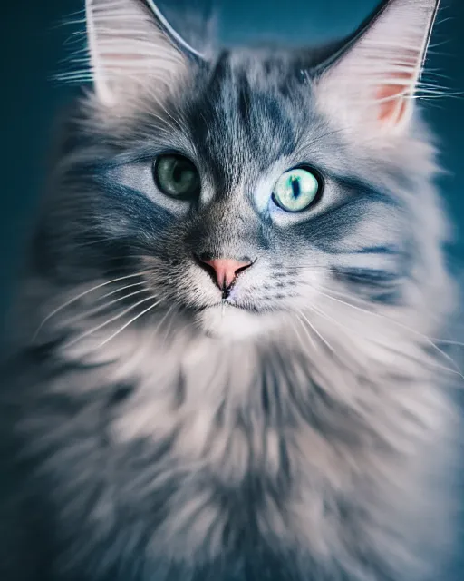 Image similar to An extremely beautiful studio photo of a blue Maine Coon cat (it\'s a cat whose fur is blue), bokeh, 90mm, f/1.4