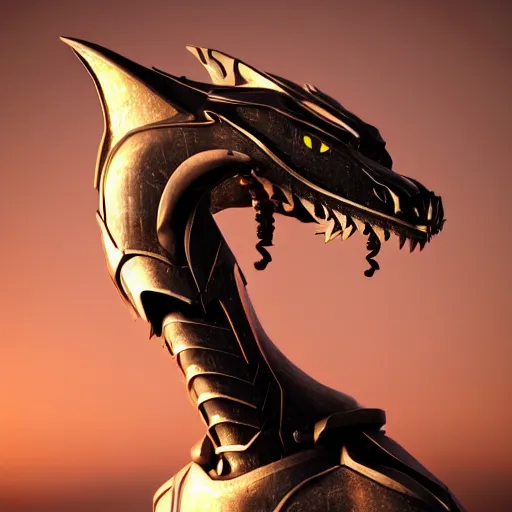 Prompt: bust of a beautiful anthropomorphic robotic female dragon, with smooth and streamlined armor, standing and posing elegantly, well detailed dragon head with LED eyes and a maw, sharp and dangerous sleek design, two arms, two legs, long tail, beautiful digital art, artstation, DeviantArt, FurAffinity, professional, octane render, sunset lighting