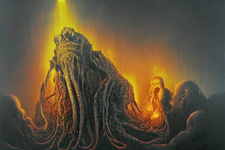 Image similar to Cthulhu burning Zdzislaw Beksinski, highly detailed