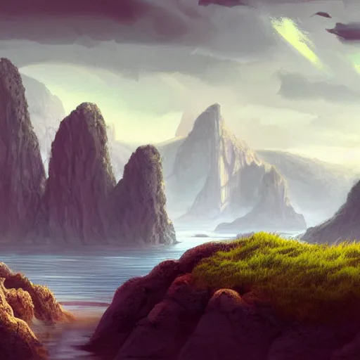 Prompt: digital painting of a lush natural scene on an alien planet. beautiful landscape. weird vegetation. cliffs and water. trending on artstation.