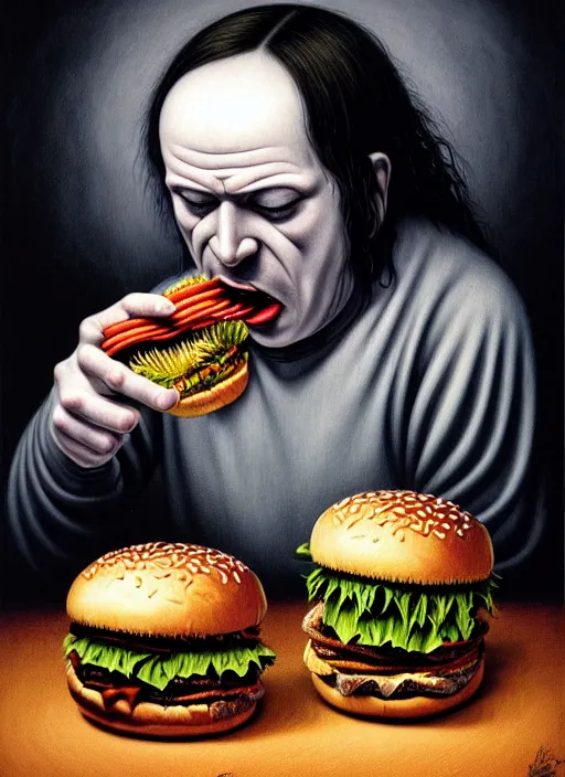 Image similar to hyper detailed 3d render like an Oil painting - Portrait of black metal singer eating a hamburger by Jacek Yerka, Mariusz Lewandowski, Houdini algorithmic generative render, Abstract brush strokes, Masterpiece, Edward Hopper and James Gilleard, Zdzislaw Beksinski, Mark Ryden, Wolfgang Lettl, hints of Yayoi Kasuma, octane render, 8k