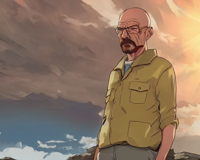 Image similar to walter white in a desert, anime artstyle, detailed, accurate, 4 k, cinematic, dynamic lighting