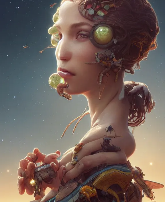 Image similar to simplicity, portrait of a adorable childlike insect alien, milky way environment, ultra realistic, concept art, intricate details, cheerful, highly detailed, photorealistic, octane render, 8 k, unreal engine. art by artgerm and greg rutkowski and alphonse mucha