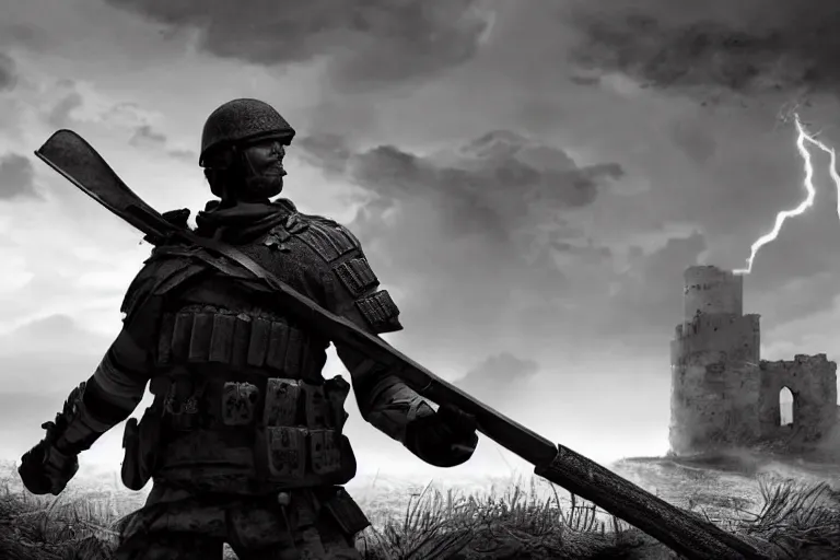 Image similar to still photo of castle age war man looking at the camera in a battlefield, black and white color aesthetic, highly detailed, photorealistic portrait, bright studio setting, studio lighting, crisp quality and light reflections, unreal engine 5 quality render