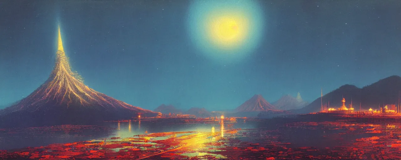 Image similar to awe inspiring bruce pennington landscape, digital art painting of 1 9 6 0 s, japan at night, 4 k, 8 k