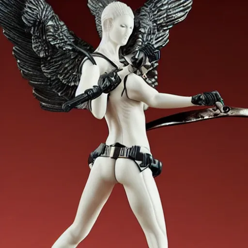 Prompt: a very expensive figurine of cyberpunk angel warrior woman